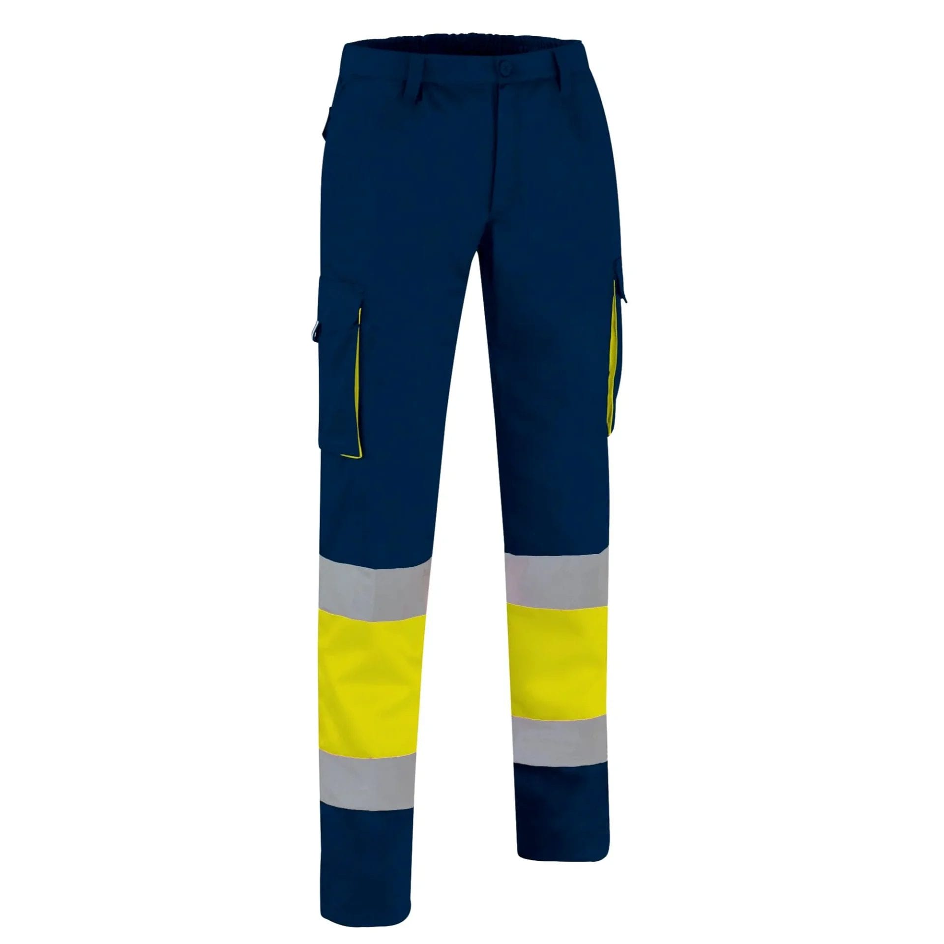 FACTORY HI-VIS Pantaloni reflectorizanți Tercot, multi buzunare, Galben fluorescent-Bleumarin