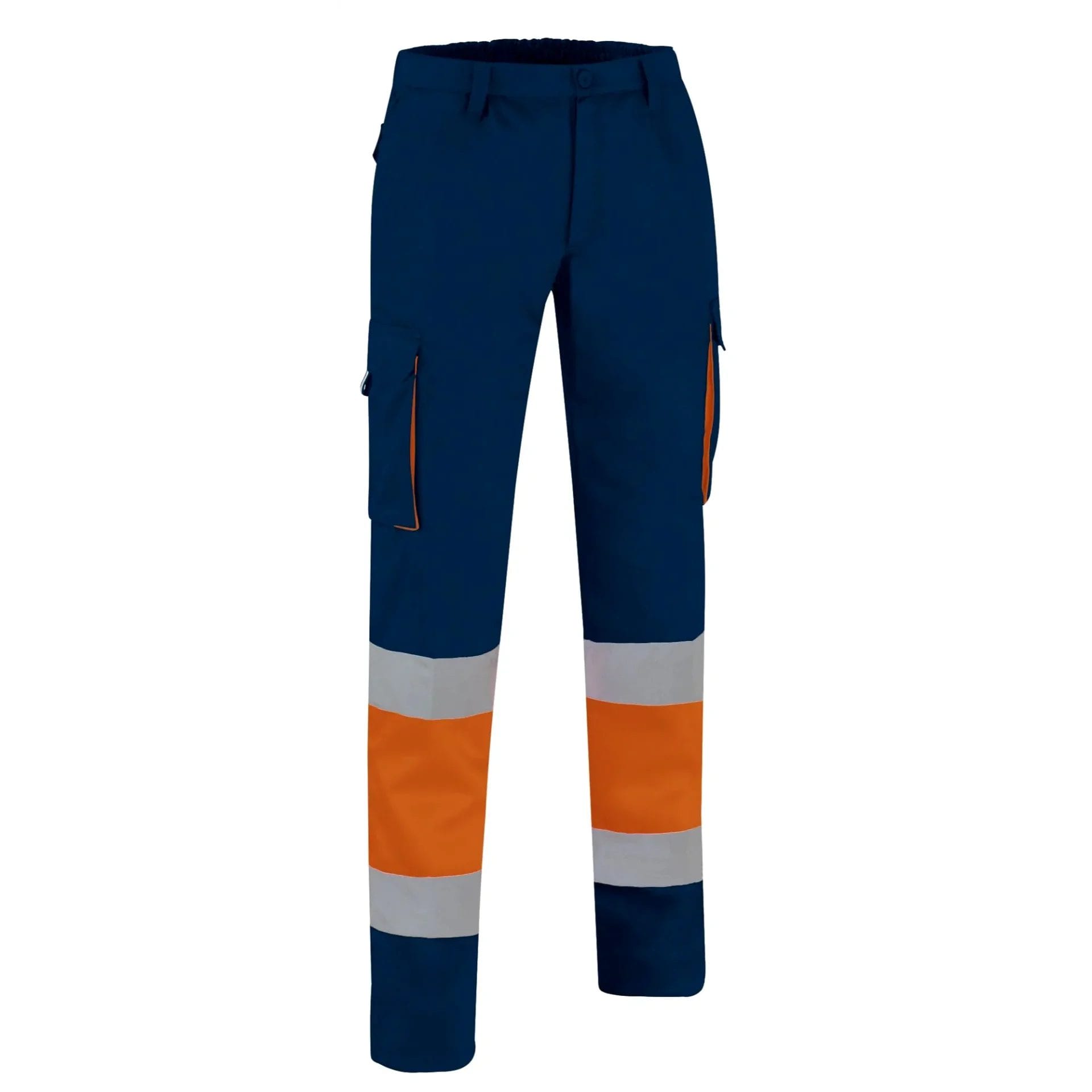 FACTORY HI-VIS Pantaloni reflectorizanți Tercot, multi buzunare, Portocaliu fluorescent-Bleumarin